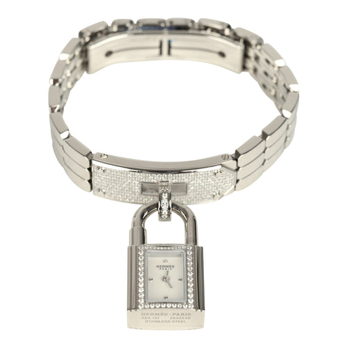 Hermes Kelly Watch Mini Model 16mm White Mother of Pearl, Stainless Steel Hardware and White Diamonds