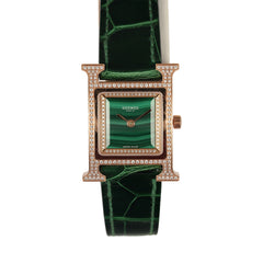 Pre-owned Hermes Heure H Watch S Vert Shiny Alligator, Malachite, Diamonds, Rose Gold