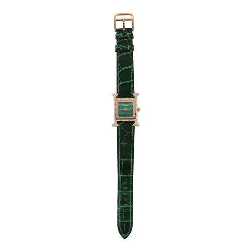 Pre-owned Hermes Heure H Watch S Vert Shiny Alligator, Malachite, Diamonds, Rose Gold