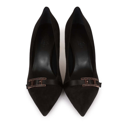 Hermes Blush Pump Black Suede Rose Gold Hardware 38