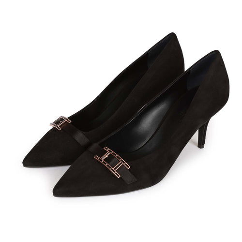 Hermes Blush Pump Black Suede Rose Gold Hardware 38
