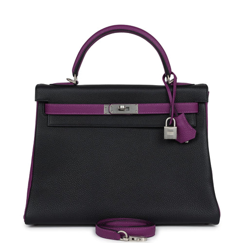 Hermes Special Order (HSS) Kelly Retourne 32 Black and Anemone Togo Brushed Palladium Hardware