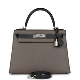 Hermes Special Order (HSS) Kelly Sellier 28 Etain and Black Epsom Brushed Palladium Hardware