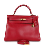 Hermes Kelly Retourne 32 Rouge Vif Tadelakt Gold Hardware