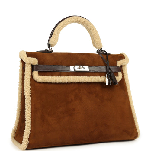 Pre-owned Hermes Teddy Kelly 35 Shearling and Ebene Barenia Palladium Hardware