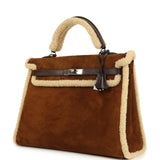 Pre-owned Hermes Teddy Kelly 35 Shearling and Ebene Barenia Palladium Hardware