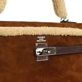 Pre-owned Hermes Teddy Kelly 35 Shearling and Ebene Barenia Palladium Hardware