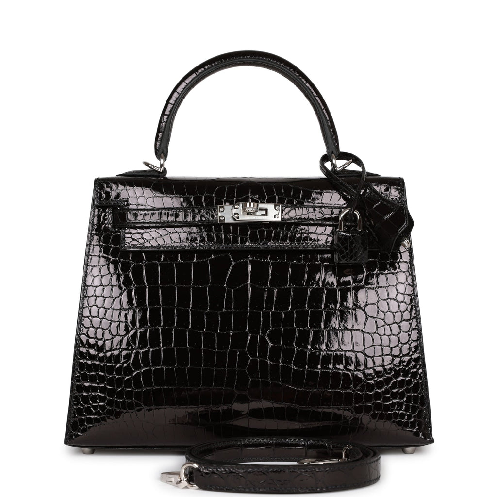 Hermes Kelly Sellier 25 Black Shiny Porosus Crocodile Palladium Hardwa –  Madison Avenue Couture