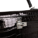 Hermes Kelly Sellier 25 Black Shiny Porosus Crocodile Palladium Hardware
