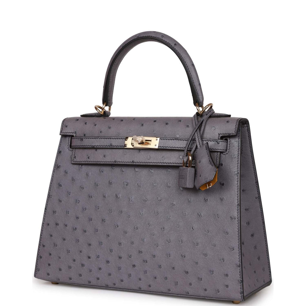 Hermes Special Order (HSS) Kelly Sellier 25 Gris Agate Verso Ostrich Permabrass Hardware