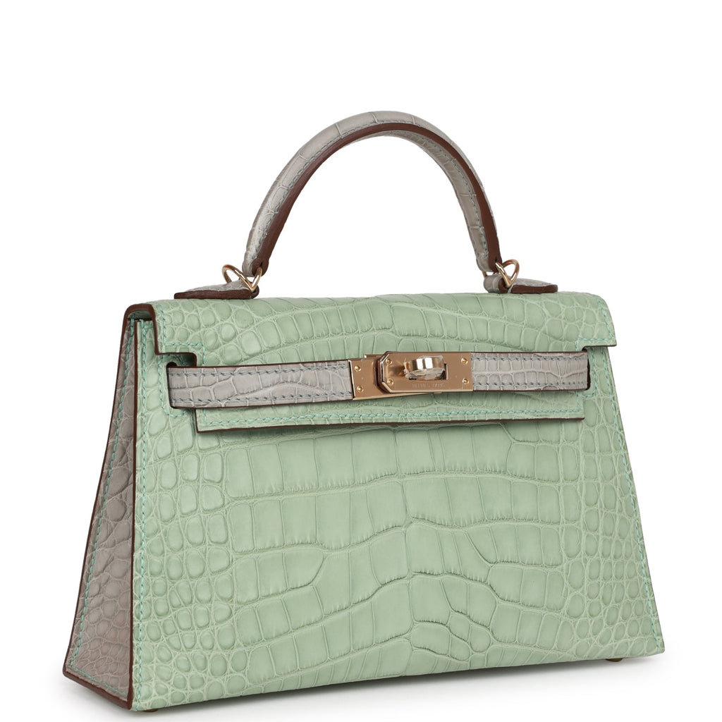Hermes Special Order (HSS) Kelly Sellier 20 Vert D'eau and Gris Perle Matte Alligator Permabrass Hardware