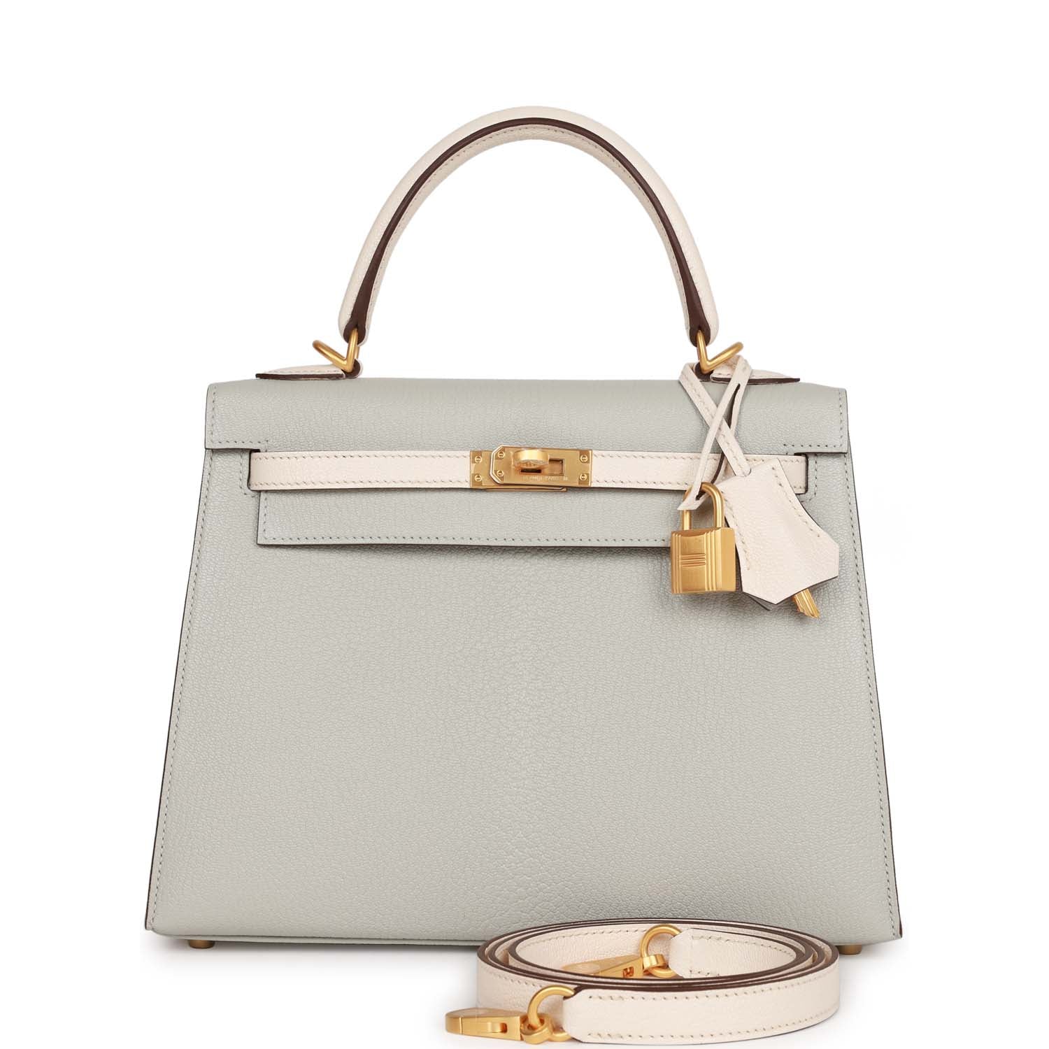 Hermes HSS Kelly Sellier 25 Gris Perle and Nata Chevre Brushed Gold ...