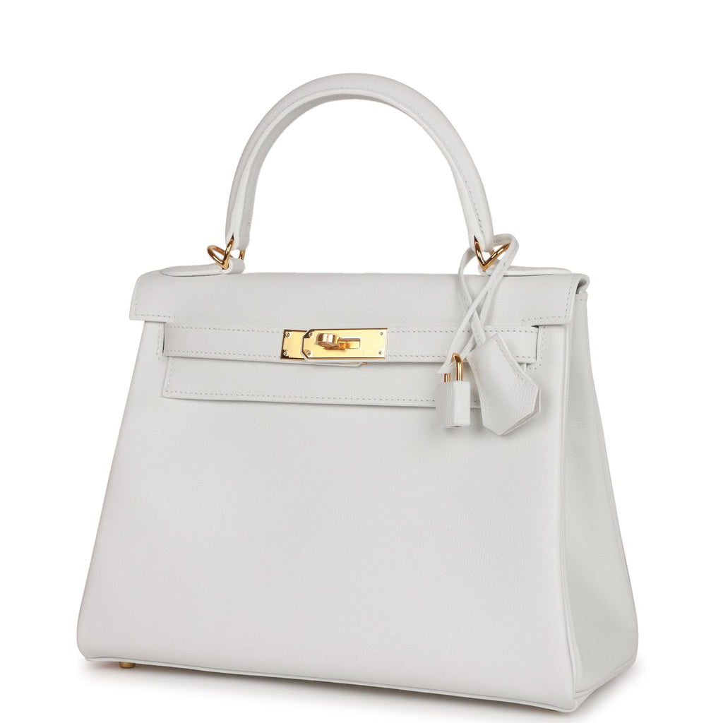Hermes Kelly 28 Retourne Bag White Clemence Leather with Gold Hardware