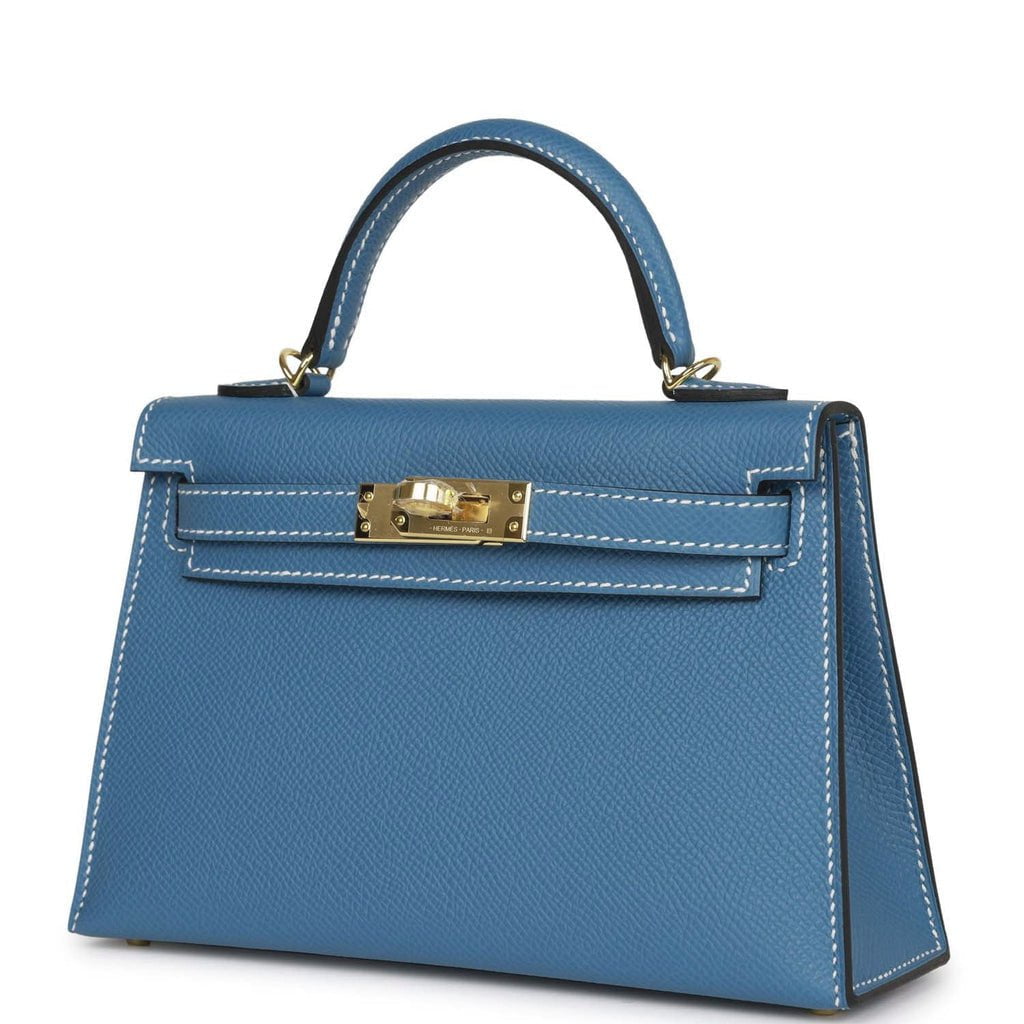 Hermes Kelly 20 Mini Sellier Bag Blue Brume Epsom Leather Gold