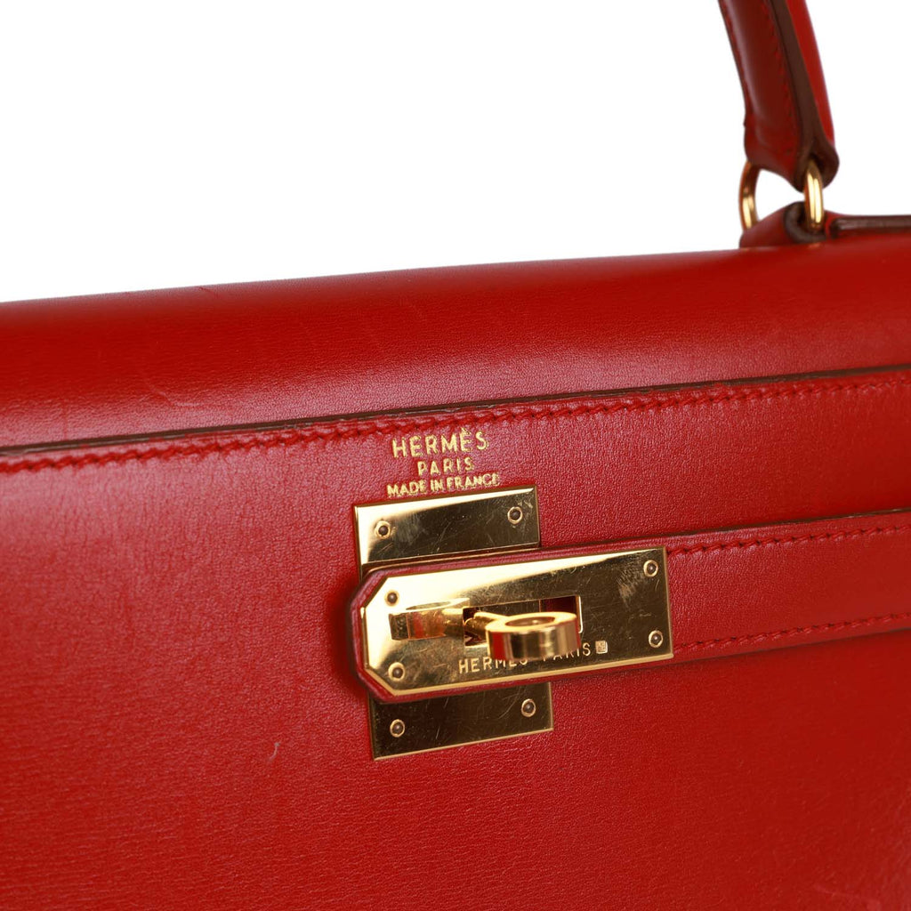 Hermes Kelly Handbag Rouge H Box Calf with Palladium Hardware 28