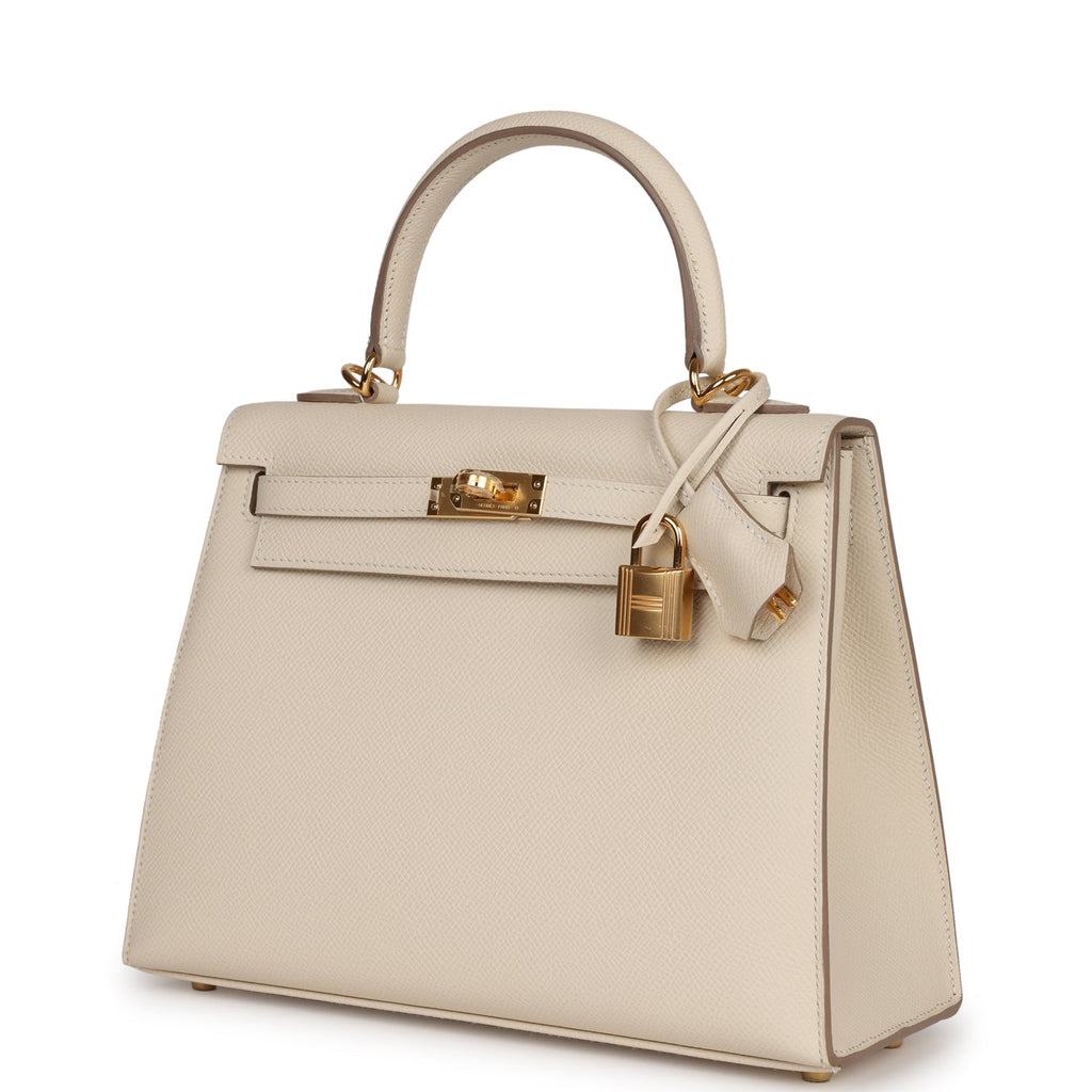 Hermes Kelly 25 Sellier Bag Neutral Craie Epsom Gold Hardware with Twilly  at 1stDibs