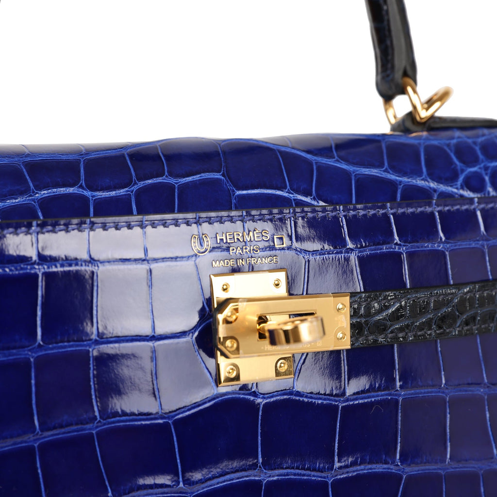 Hermes Kelly Pochette Bleu Saphir Shiny Alligator Gold Hardware