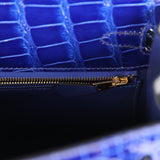 Hermes Special Order (HSS) Kelly Sellier 25 Bleu Electric and Bleu Marine Shiny Alligator Gold Hardware