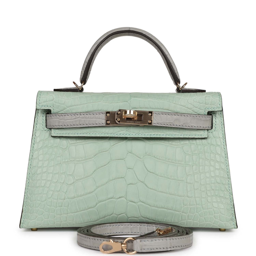Hermes Special Order (HSS) Kelly Sellier 20 Vert D'Eau and Gris Perle Matte  Alligator Permabrass Hardware in 2023