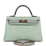 Hermes Special Order (HSS) Kelly Sellier 20 Vert D'Eau and Gris Perle Matte Alligator Permabrass Hardware