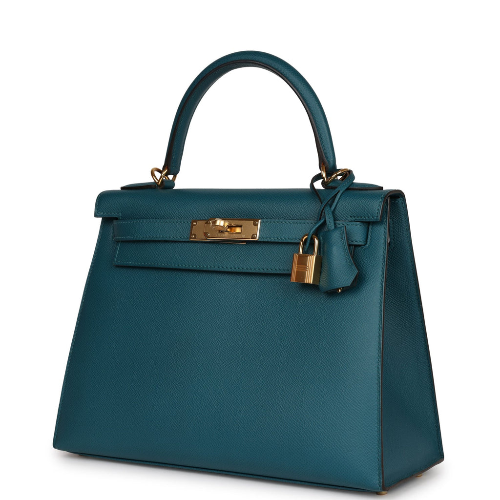 Hermes Kelly Handbag Vert Bosphore Clemence with Gold Hardware 28 Green