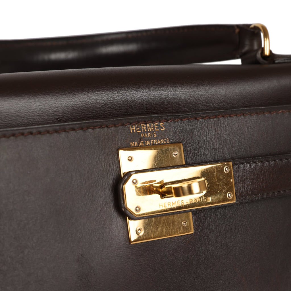 Chocolate Retourne Kelly 28cm in Box Calf Leather with Gold