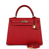 Pre-Owned Hermes Kelly Sellier 25 Rouge Casaque Epsom Gold Hardware