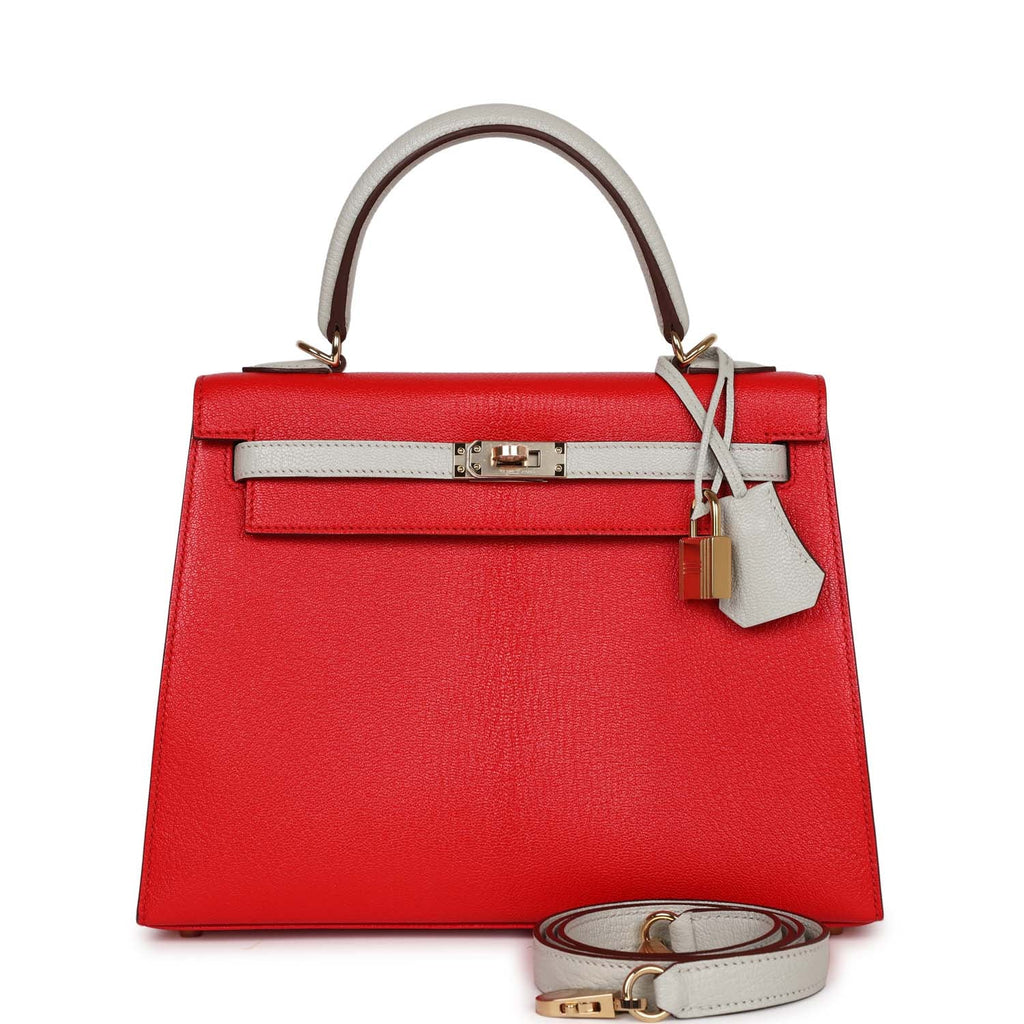 Hermes Special Order (HSS) Kelly Sellier 25 Rouge De Coeur and Gris Perle  Chevre Mysore Permabrass Hardware