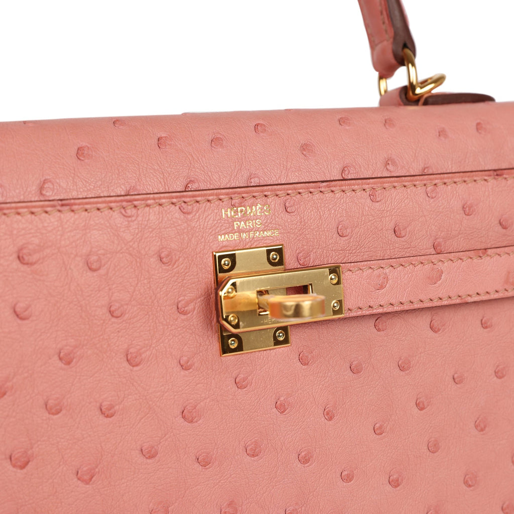 Hermes Kelly Pochette Terre Cuite Ostrich Leather Handbag - Authentic Pre-Owned Designer Handbags