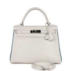 Pre-owned Hermes Bi-color Kelly Retourne 28 White and Blue Jean Epsom Palladium Hardware