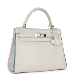 Pre-owned Hermes Bi-color Kelly Retourne 28 White and Blue Jean Epsom Palladium Hardware