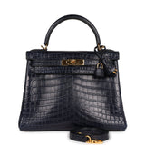 Pre-owned Hermes Kelly Retourne 28 Bleu Indigo Matte Niloticus Crocodile Gold Hardware