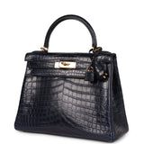 Pre-owned Hermes Kelly Retourne 28 Bleu Indigo Matte Niloticus Crocodile Gold Hardware