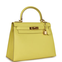 Pre-owned Hermes Kelly Sellier 28 Soufre Epsom Gold Hardware