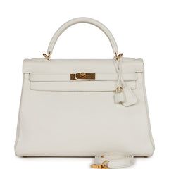 Pre-owned Hermes Kelly Retourne 32 White Clemence Gold Hardware