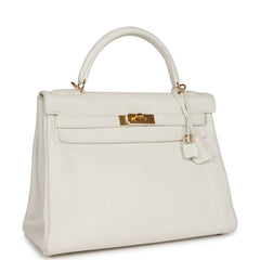 Pre-owned Hermes Kelly Retourne 32 White Clemence Gold Hardware