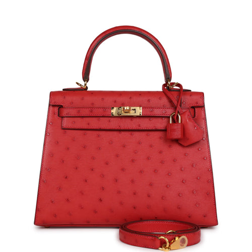 Hermes Rouge Vif Ostrich Kelly Pochette Bag with Gold Hardware. A