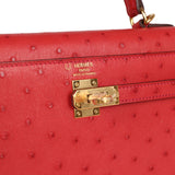 Hermes Special Order (HSS) Kelly Sellier 25 Rouge Vif Verso Ostrich Gold Hardware