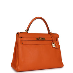 Pre-owned Hermes Kelly Retourne 32 Orange H Clemence Gold Hardware