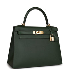 Pre-owned Hermes Kelly Sellier 28 Vert Anglais Epsom Gold Hardware