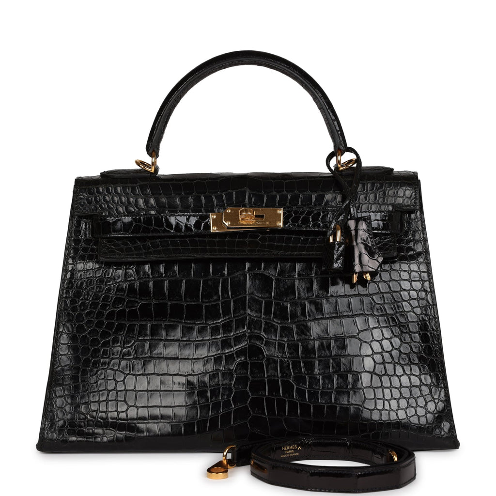 Vintage Hermes Kelly Sellier 32 Black Shiny Porosus Crocodile Gold Har
