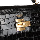 Vintage Hermes Kelly Sellier 32 Black Shiny Porosus Crocodile Gold Hardware