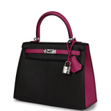Hermes Special Order (HSS) Kelly Sellier 25 Black and Rose Pourpre Chevre Palladium Hardware