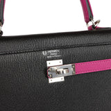 Hermes Special Order (HSS) Kelly Sellier 25 Black and Rose Pourpre Chevre Palladium Hardware
