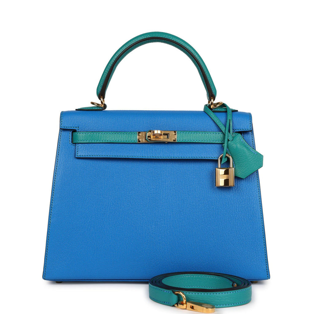 Hermes Special Order (HSS) Kelly Sellier 25 Bleu Hydra and Bleu Paon Chevre Mysore Gold Hardware