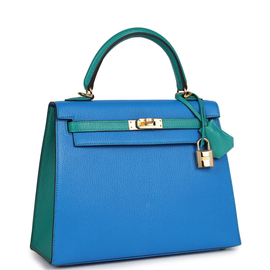 Hermes Special Order (HSS) Kelly Sellier 25 Bleu Hydra and Bleu Paon Chevre Mysore Gold Hardware