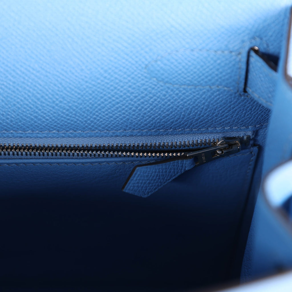 Pre-owned Hermes Kelly Sellier 28 Bleu Azur Epsom Palladium Hardware