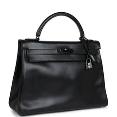Pre-owned Hermes Rare Kelly Retourne 32 SO BLACK Box Black Hardware