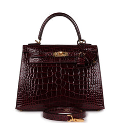 Hermes Kelly Sellier 25 Bordeaux Shiny Alligator Gold Hardware