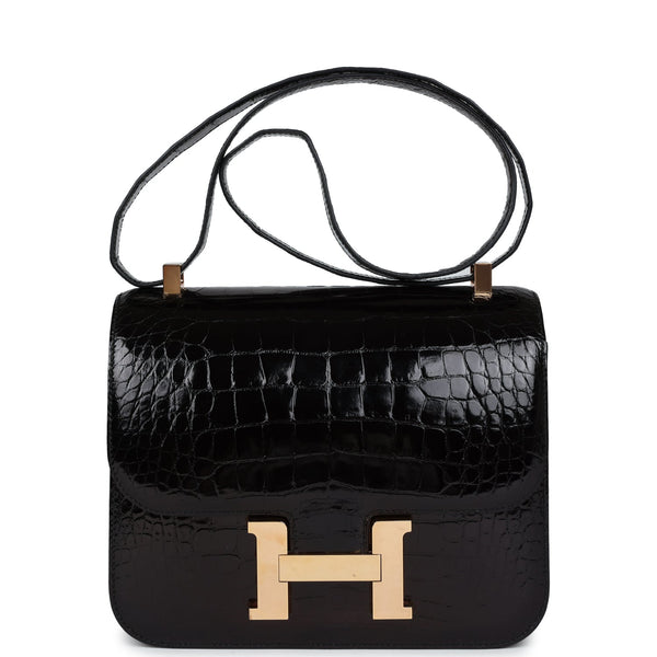 Pre-owned Hermes Constance 24 Black Shiny Alligator Rose Gold Hardware ...